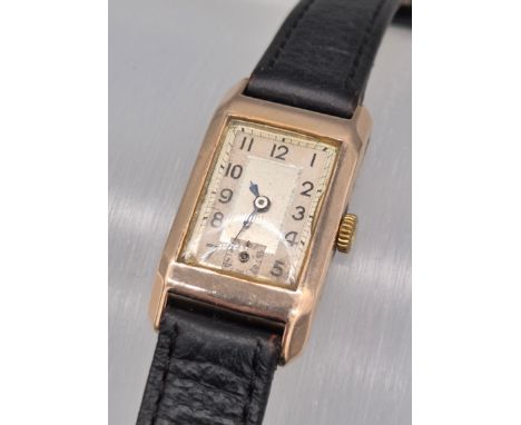 1930's 40's Art Deco 9ct yellow gold ladies watch. Fitted with a leather strap and engraved to the back plate.