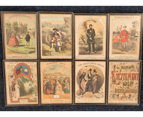 A Collection of eight framed 19th Century Music sheets depicting various artwork covers and titled; Croquet group by Charles 