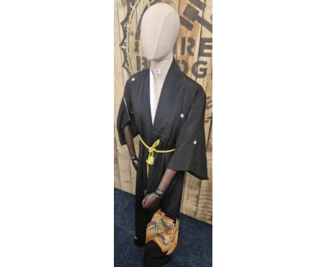 Japanese silk kimono; Styles with a fan design to the base of the gown. Has green rope tie. 