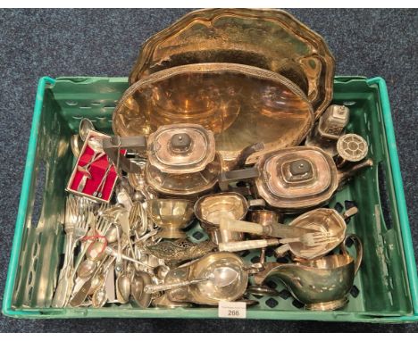 Crate of silver plated and E.P ware; 19th century silver plated flatwares, coffee &amp; tea pots. Mother of pearl handle serv