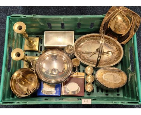 Crate of silver plated and brass items; Swing handle basket, Lidded preserve, Cigarette case and other items.