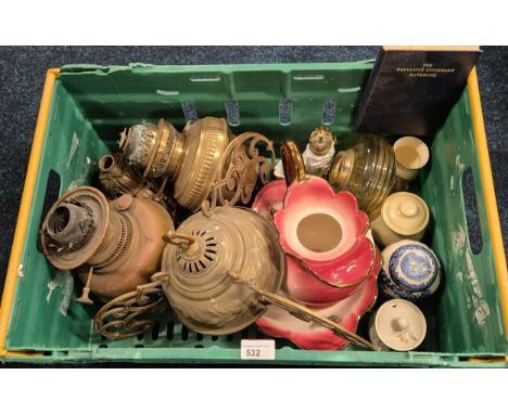 Crate of collectables; Oil lamp reservoirs, Brass hanging lamp shade, ceramic water jug and bowl and other odds.