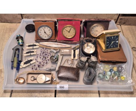 Tray of collectable odds; Travel pocket clocks, owl figure cruet set, Minors lamp, Marbles which include one German twist can
