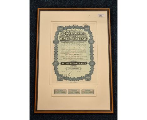 Framed 1920's/ 30's share certificate for Campagnie de Mines et Minerais, a mining company based in Brussels, with a capital 