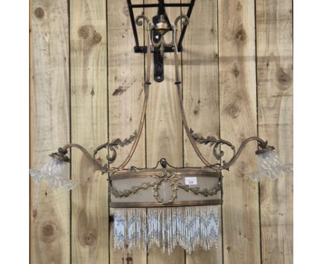 19th century Brass Chandelier with glass droplets. Designed with two branches coming off from the centre and having two opale