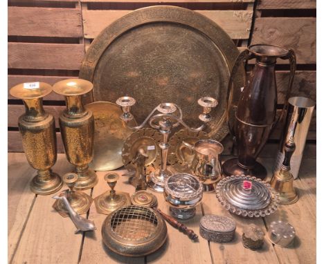 A Crate of collectable brass &amp; Silver plated wares; Art Nouveau Double handle vase, Brass Indian bud vases, Three Branch 