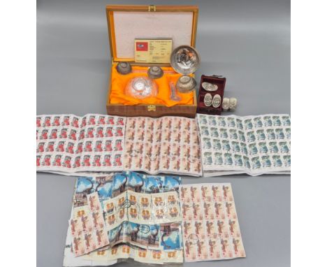 A Selection of Oriental Collectables; Chinese Vintage Stamps, A Selection of Chinese Vintage Bowls, Silver plated ingots and 