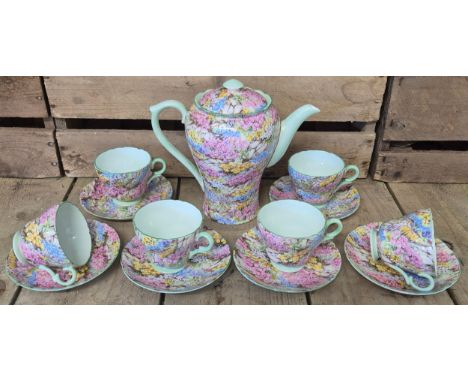 1920/30s Shelley "Rock Garden" pattern coffee service. Coffee pot, six piece cup and saucer set