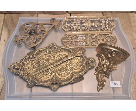 A Tray of gilt brass wares; Belgium made Art Nouveau two handle floral design tray, Egyptian design letter opener, Two antiqu