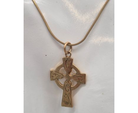 9ct yellow gold Celtic style cross pendant and chain. 7.35grams. 