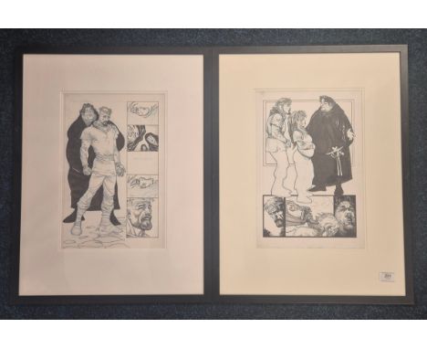 Pair of Original comic book design artworks. Original pen and ink drawings. Both fitted within matching frames. Frame- 65x50c