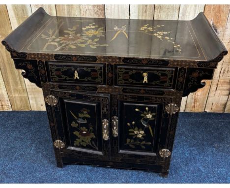 Chinese lacquered and hand painted cabinet. Designed with scroll form top. Two drawers and two doors. 87x97x46cm. 
