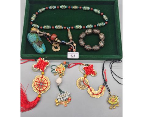 A Selection of Chinese Hardstone &amp; Gilt brass jewellery; Large Hardstone Necklace, bracelet, Large vintage Hardstone Ingo