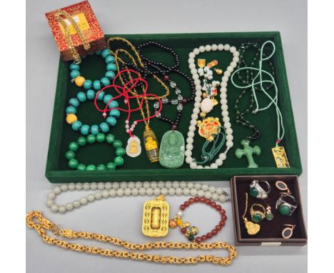 A Collection of Chinese Bead work &amp; Decorative jewellery; Chinese silver plated rings with green  jade setting, Carved In