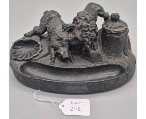 Late 19th century Italian Grand Tour green serpentine desk stand, heavily carved to all sides with a lidded inkwell, the top 