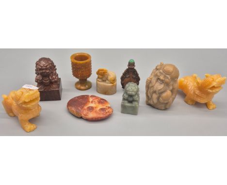 A Collection of Chinese hard stone carved Sculptures; Small bronze style perfume bottle, Stone carved laughing buddha sculptu