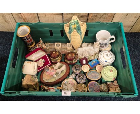 A crate of collectables; decorative  trinket boxes, borders fine arts pet lamb study, art Deco parrot wall pocket &amp; other
