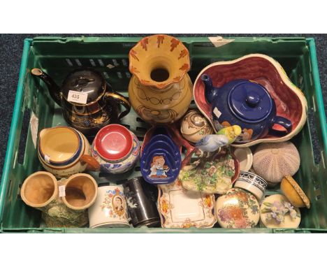 A Crate of collectables; Maling lustre pink thumb print bowl, Collectable Tetley tea pot &amp; toast rack, Poole pottery vase