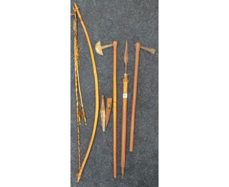 A Selection of Primitive style weapons; spear, axe, knife, bow and arrows.