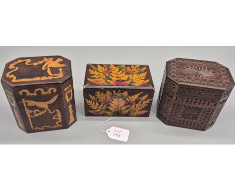 Late Victorian fern ware box, a chip carved wood single tea caddy, together with one other late Victorian or Edwardian Aesthe