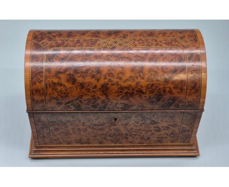 Antique Dome top double section tea caddy. Bird Eye Maple with single inlay design. Has two interior lids present. 20x30x18cm