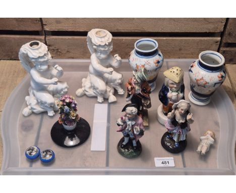 Tray of collectable antique porcelain figures and vases; Pair of Royal Worcester porcelain candle holders in the form of two 