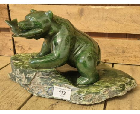 Large Vintage Jade Bear sculpture Sat up on a jade stand. Having a fish in its mouth. Signed Henry Chan. 17.5x30cm. 
