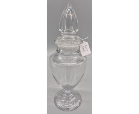 Late Victorian or Edwardian glass apothecary / chemist jar, with lemon squeezer type stopper. Impressed with patent mark. 35c