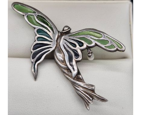 925 Silver Plique- A- Jour enamel fairy brooch. Fitted with a single pearl. Stamped 925 and V&amp;A- Maker. Clasp, catch and 