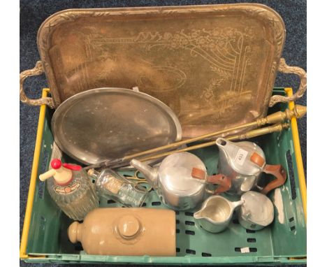 A Crate of collectables; Four Piece Picquot ware tea service, Stone ware bottle, Soda syphon &amp; other items