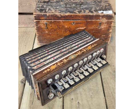 19th Century French Flutina accordion, by Busson, Paris, with inlaid rosewood case, printed paper bellows and mother of pearl