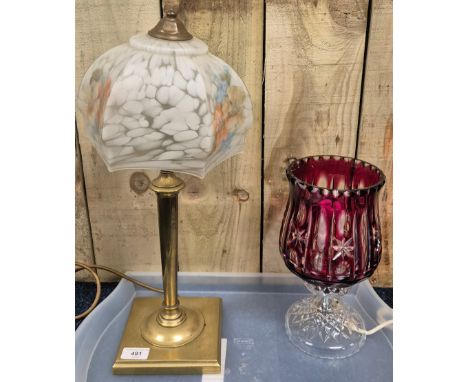 Ruby Colany cut Glass Table lampmtogether with Brass columned  vintage table lamp with Art Glass Shade 
