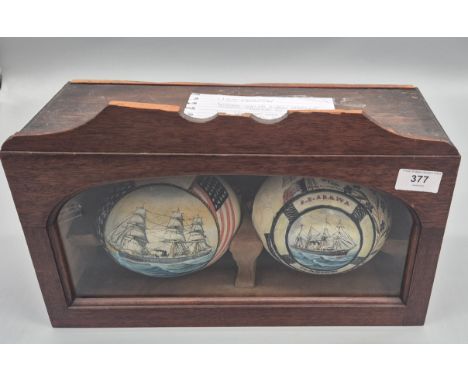 Two Antique cased hand painted scrimshaw ostrich eggs "USS Trenton" &amp; "S.S. ARAWA". The Trenton was the First U.S. Naval 