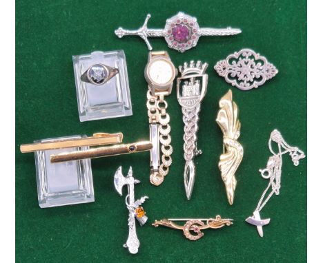A Selection of mixed jewellery; Chester 9ct rose gold and seed pearl brooch- 2grams, Birmingham silver signet ring. 925 silve