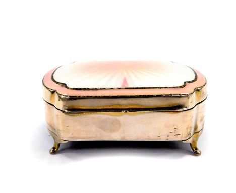 A loaded silver serpentine jewellery box, with white to pink guilloche enamel decoration, raised on four scroll feet, S J Ros