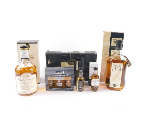 A bottle of Dalwhinnie 15 Year Old Single Highland Malt Whisky, Isle of Jura 10 Year Old Single Malt Scotch Whisky, and vario