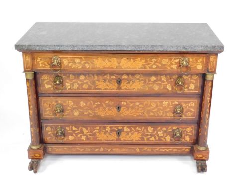 An early 19thC walnut Dutch marquetry commode, set with four drawers each enriched with floral inlay flanked by cylindrical c