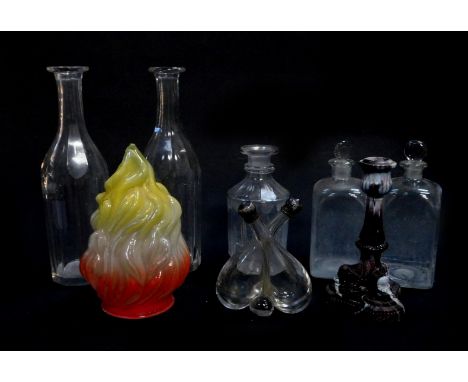 A Victorian slag glass candlestick, probably Sowerby, conjoined oil and vinegar bottle, triple colour moulded flame glass lam