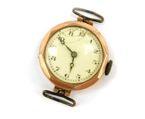 A 9ct gold watch head, with white enamel dial, (AF), blue hands, with octagonal watch head, 13.6g all in. 