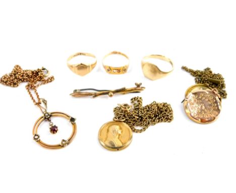 A 15ct gold and seed pearl ring, 1.1g., two 9ct gold signet rings, bar brooch, seed pearl set pendant on a belcher link neck 