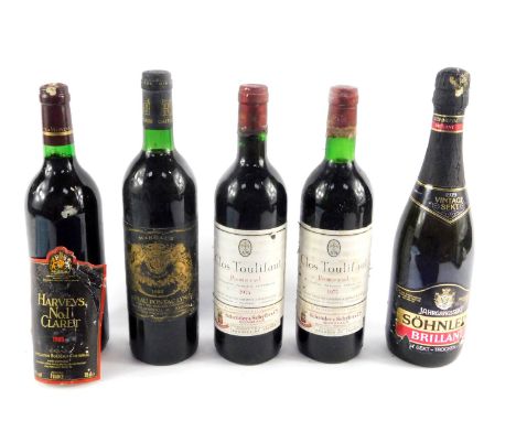 Two bottles of Clos Toulifaut Pomerol 1975, bottle of Chateau Pontac Lynch Margaux 1982, bottle of Harveys No 1 Claret 1985, 