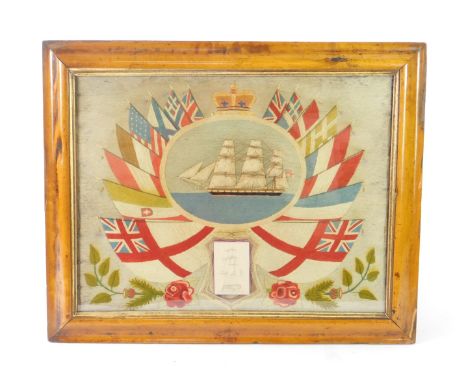 A sailor's 19thC wool work picture, depicting a stump work clipper ship, in an oval surround with crown surmount, within flag