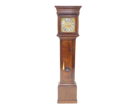 A Georgian oak long case clock by Nathaniel Birt, London, rectangular brass dial with gilt cherub spandrels, silvered chapter