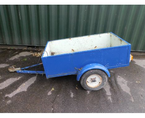 A metal and wooden framed car trailer, painted blue, 153cm x 124cm.
