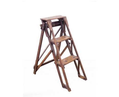 A vintage rustic wooden folding step ladder, of three heights.