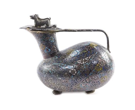 An 19thC Indian Kashmiri brass and enamel zoomorphic ewer, of bird form with a hinged lidded spout surmounted with two crouch