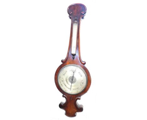 A Victorian mahogany wheel barometer by J Lamb of Leighton Buzzard, with thermometer, 100.5cm H.