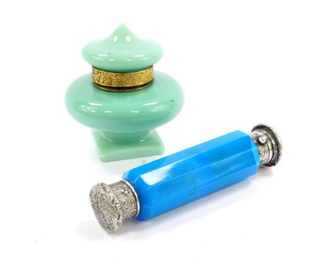 A Victorian turquoise double ended scent bottle, with foliate engraved screw and hinged lids, 13cm L, together with a Victori