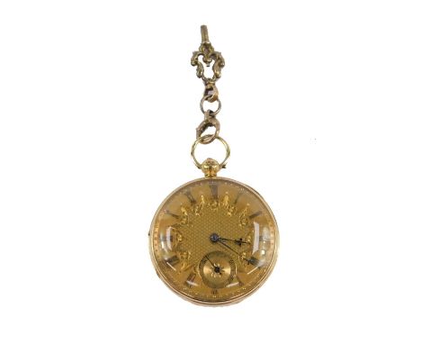 A Victorian 18ct gold gentleman's pocket watch, open faced, key wind, textured and tooled dial, engraved with floral swags, b