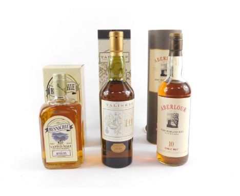 A bottle of Talisker Isle of Skye Single Malt 10 Year Old Malt Whisky, Aberlour 10 Year Old Single Malt Whisky, and a bottle 